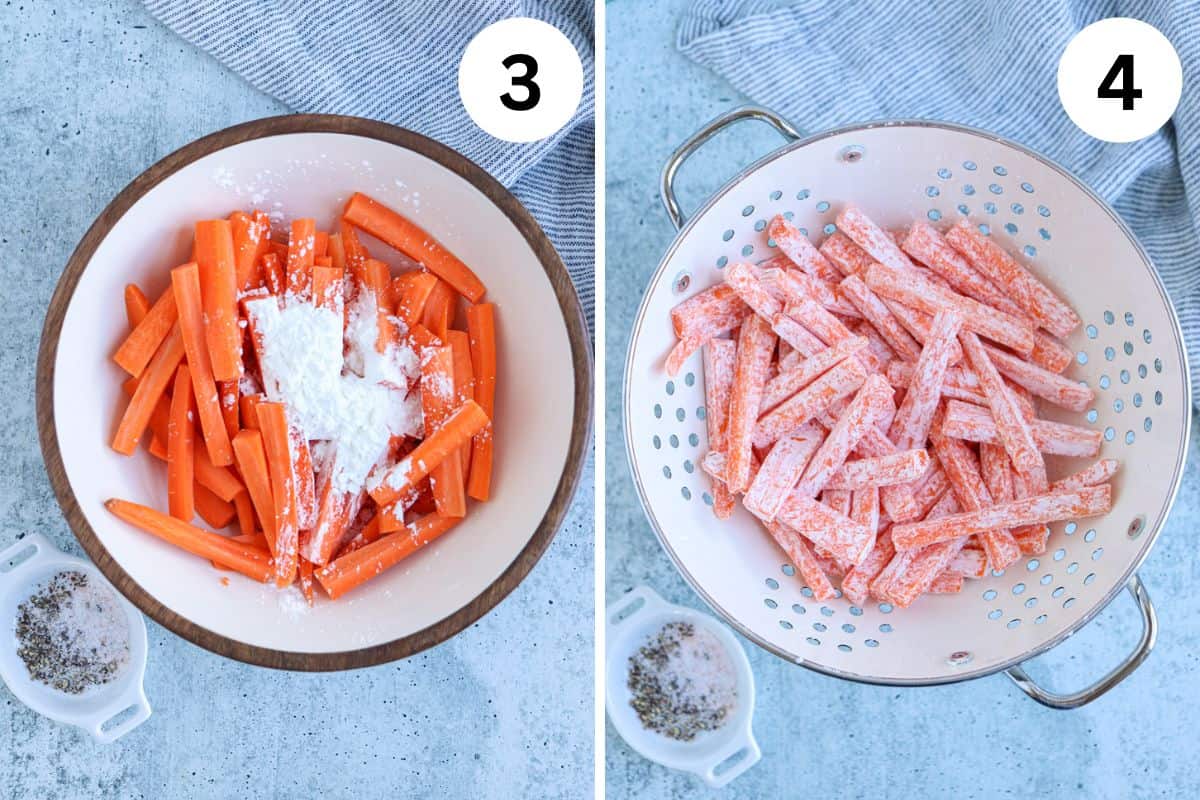 coating carrot fries in corn starch in 2 steps. 