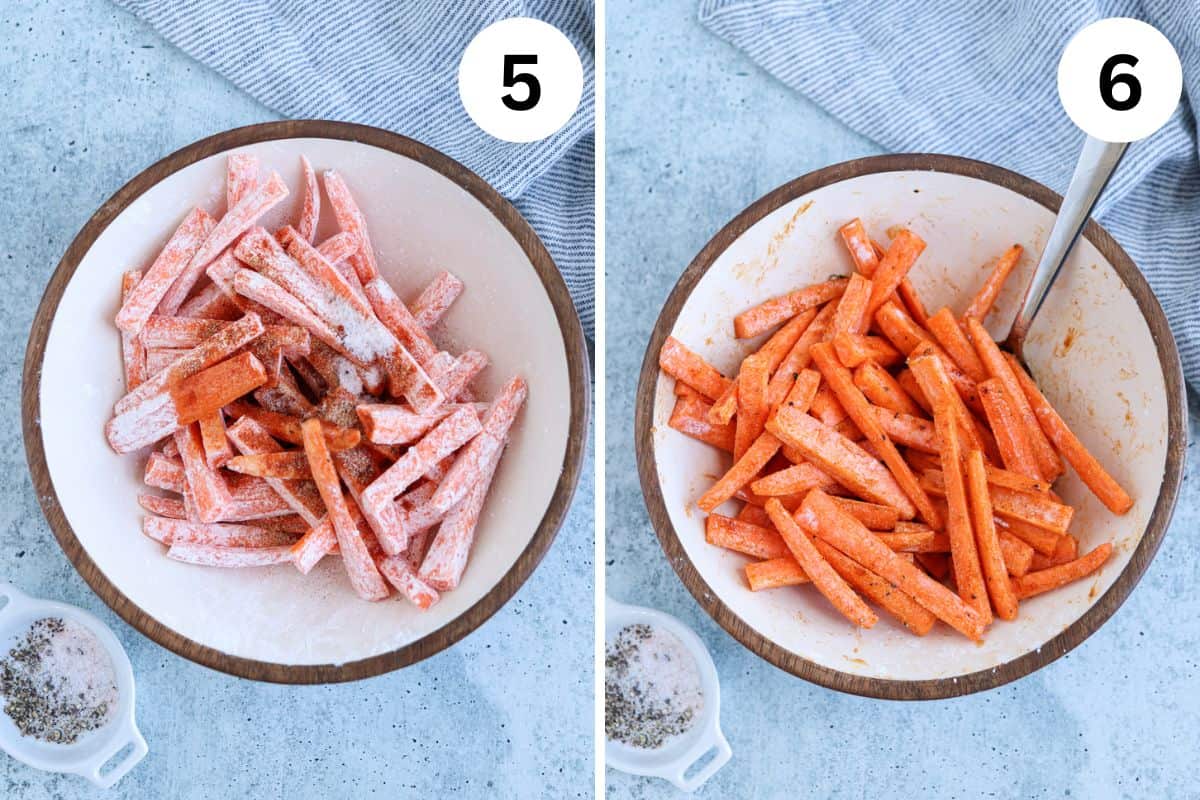 coating carrot fries in seasoning in two steps.