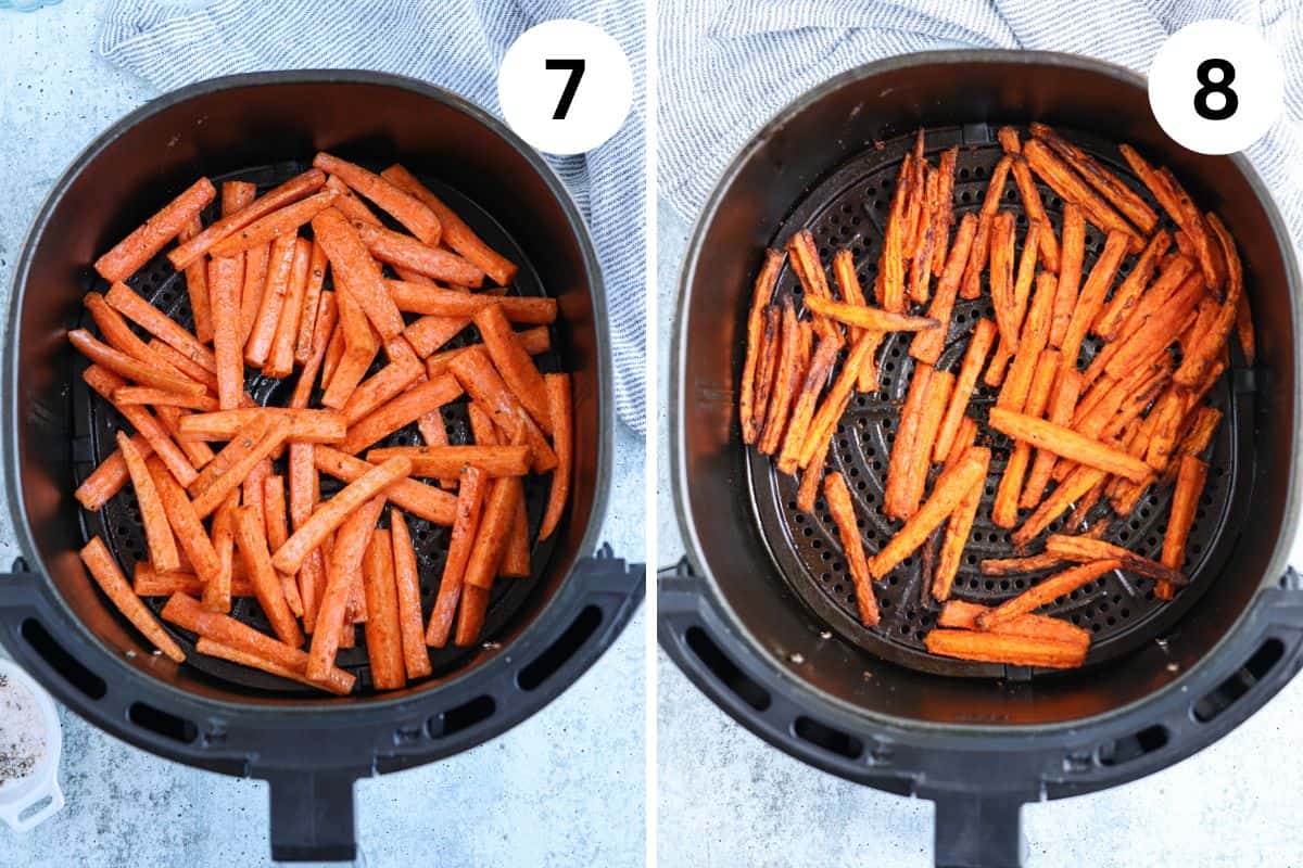 air frying carrot fries in two steps. 