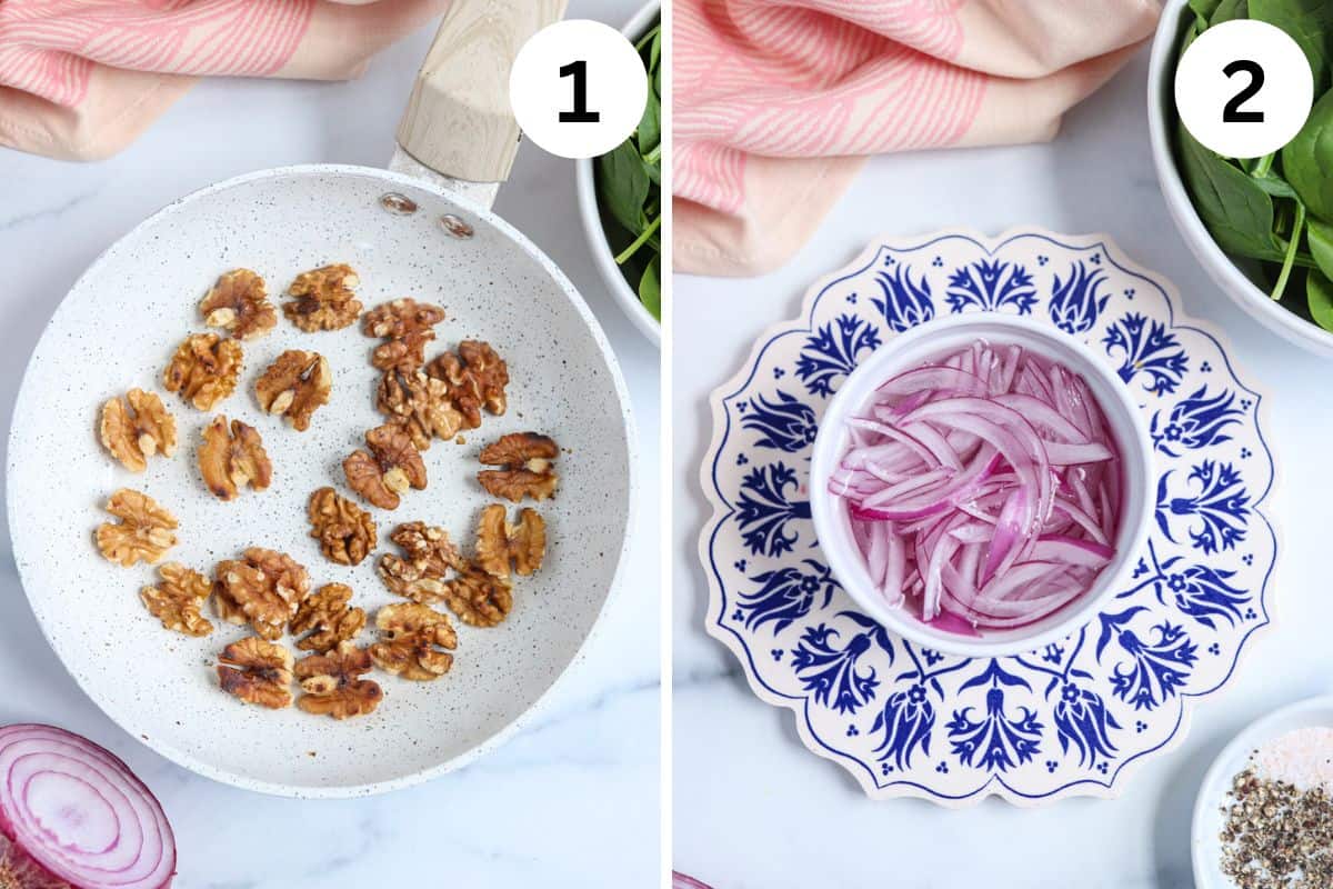 toasting walnuts and soaking red onions in a small bowl.