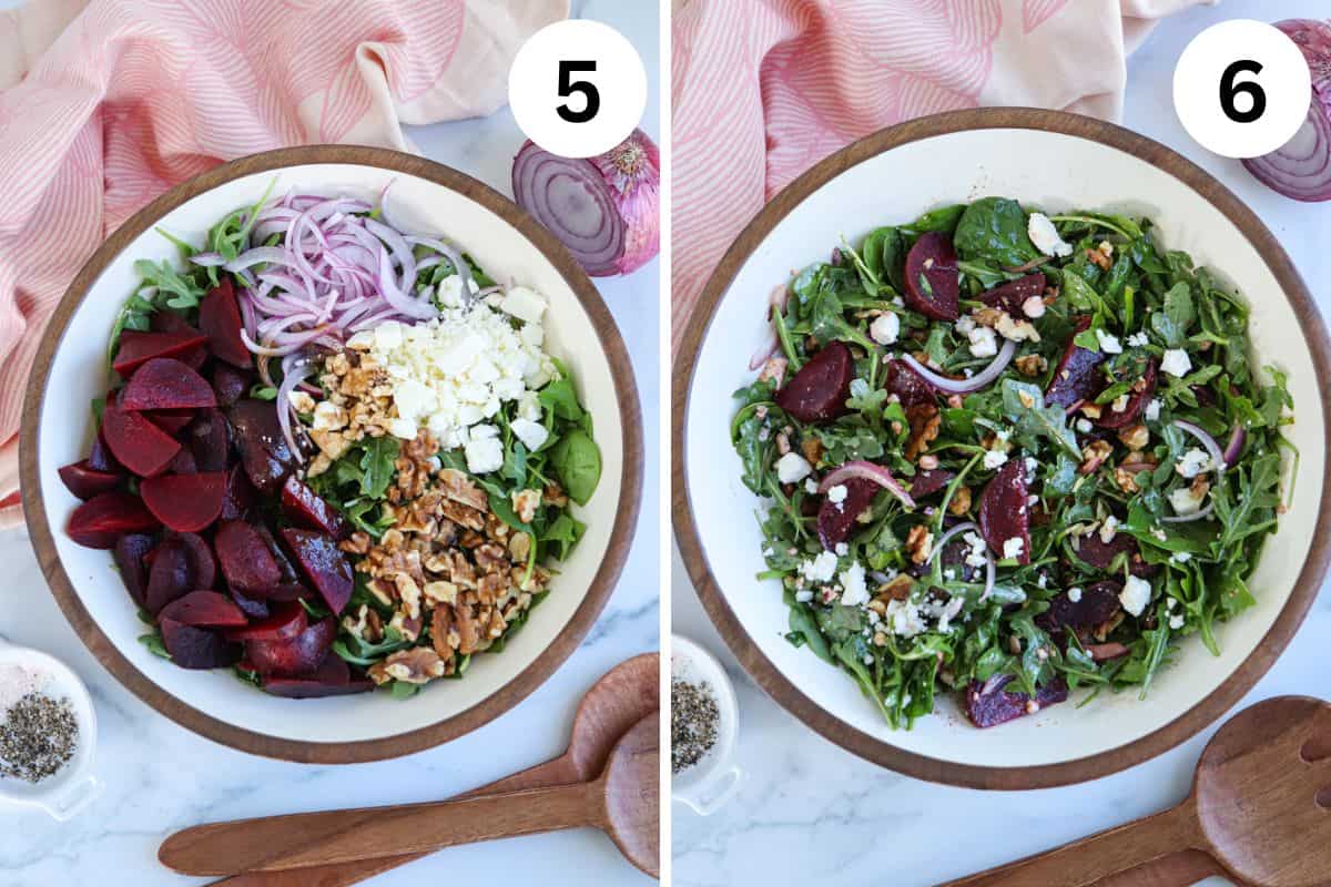 mixing beet and feta salad.
