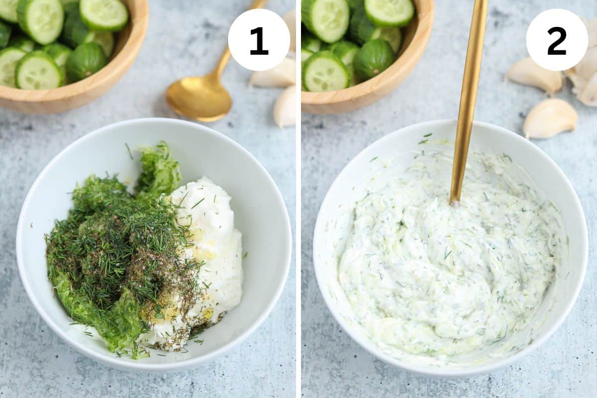 making tzatziki sauce in two steps.