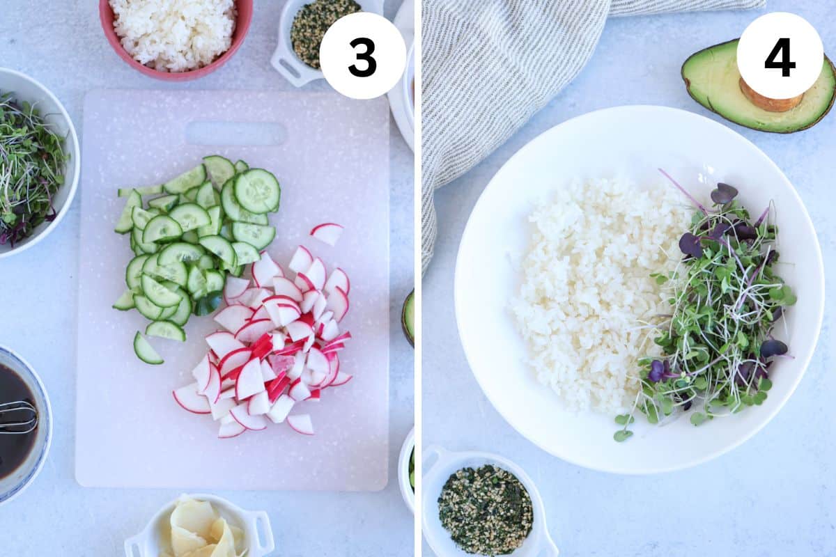 making smoked salmon poke bowl in 2 steps.