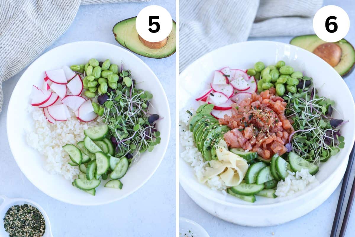 making smoked salmon poke bowl in 2 steps.