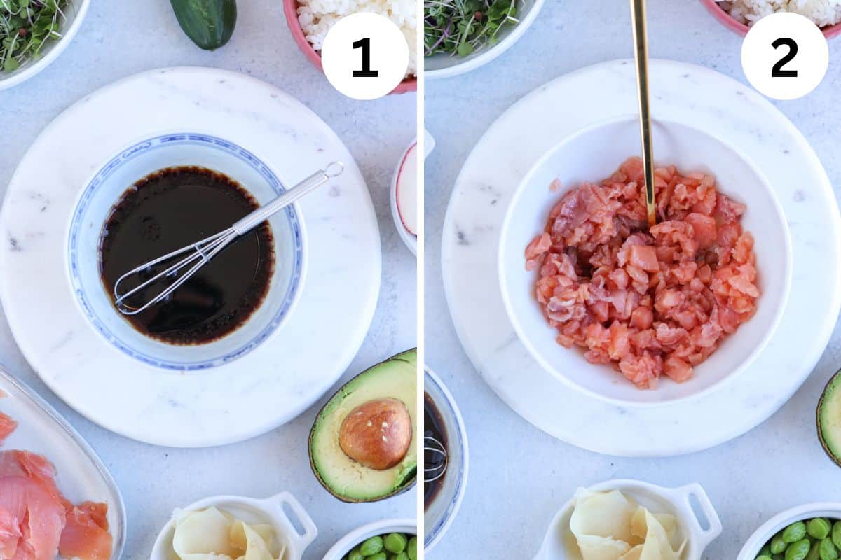 making smoked salmon poke bowl in 2 steps.