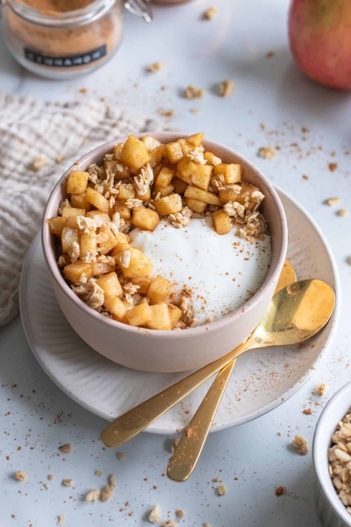 cottage cheese breakfast bowl with apples and cinnamon.