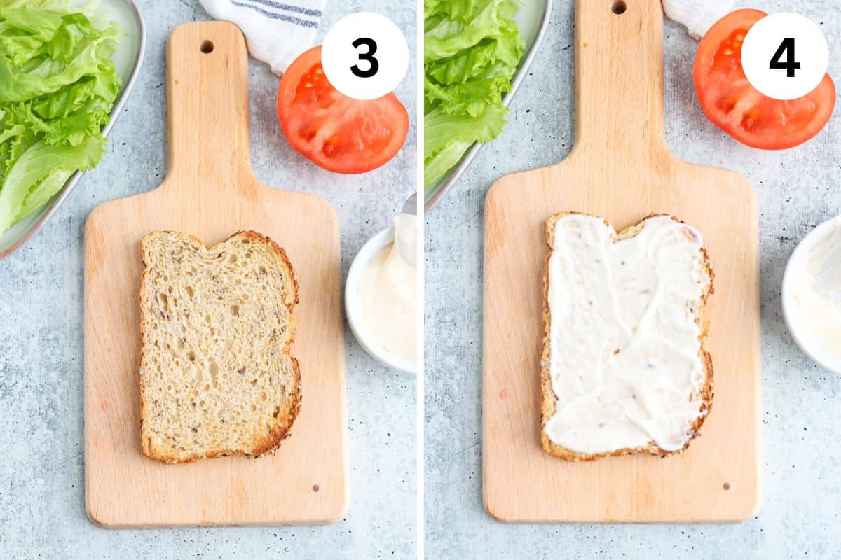 steps for making bacon lettuce avocado tomato sandwich.