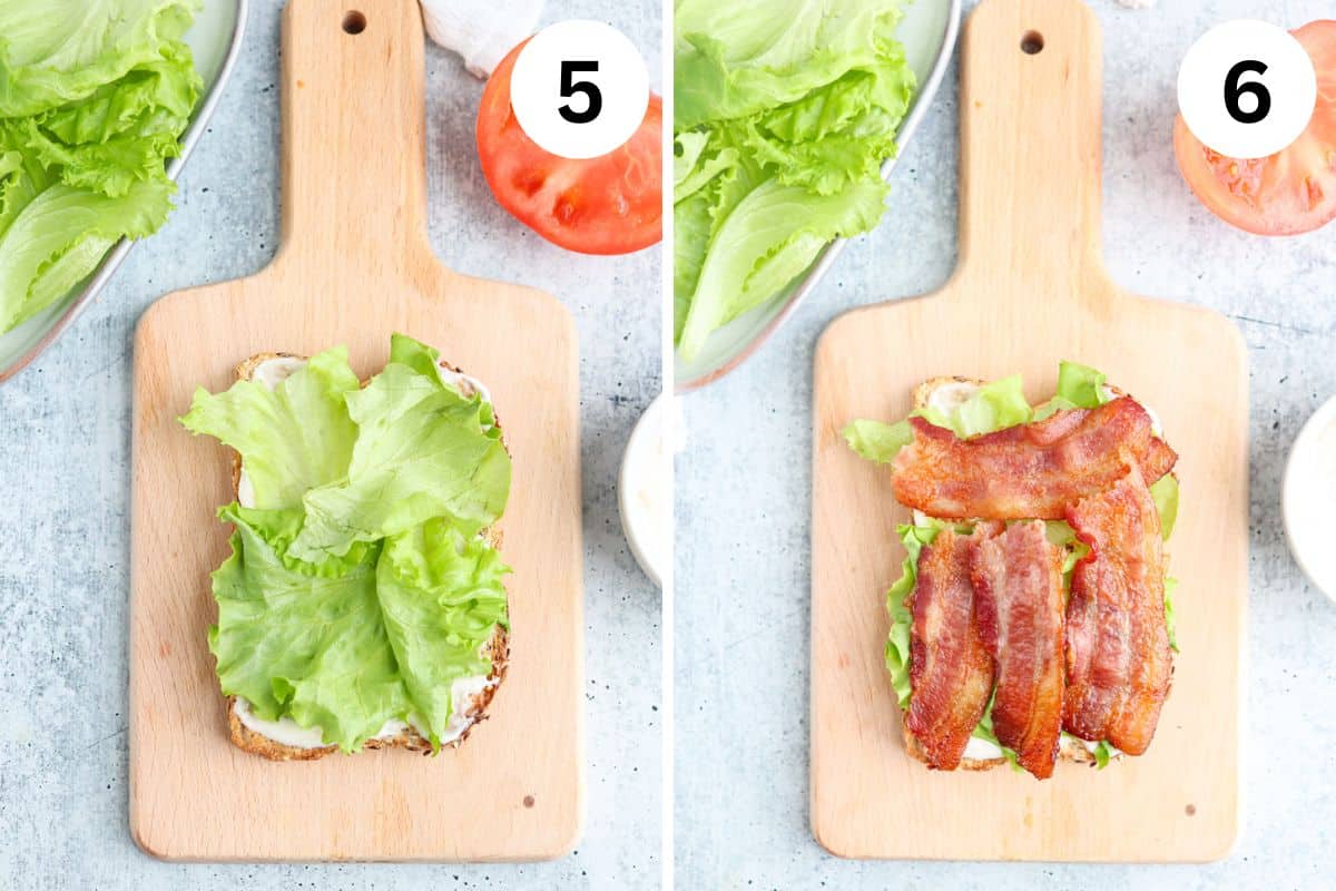 steps for making bacon lettuce avocado tomato sandwich.