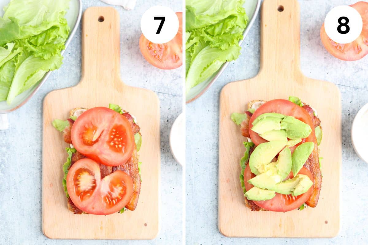 steps for making bacon lettuce avocado tomato sandwich.