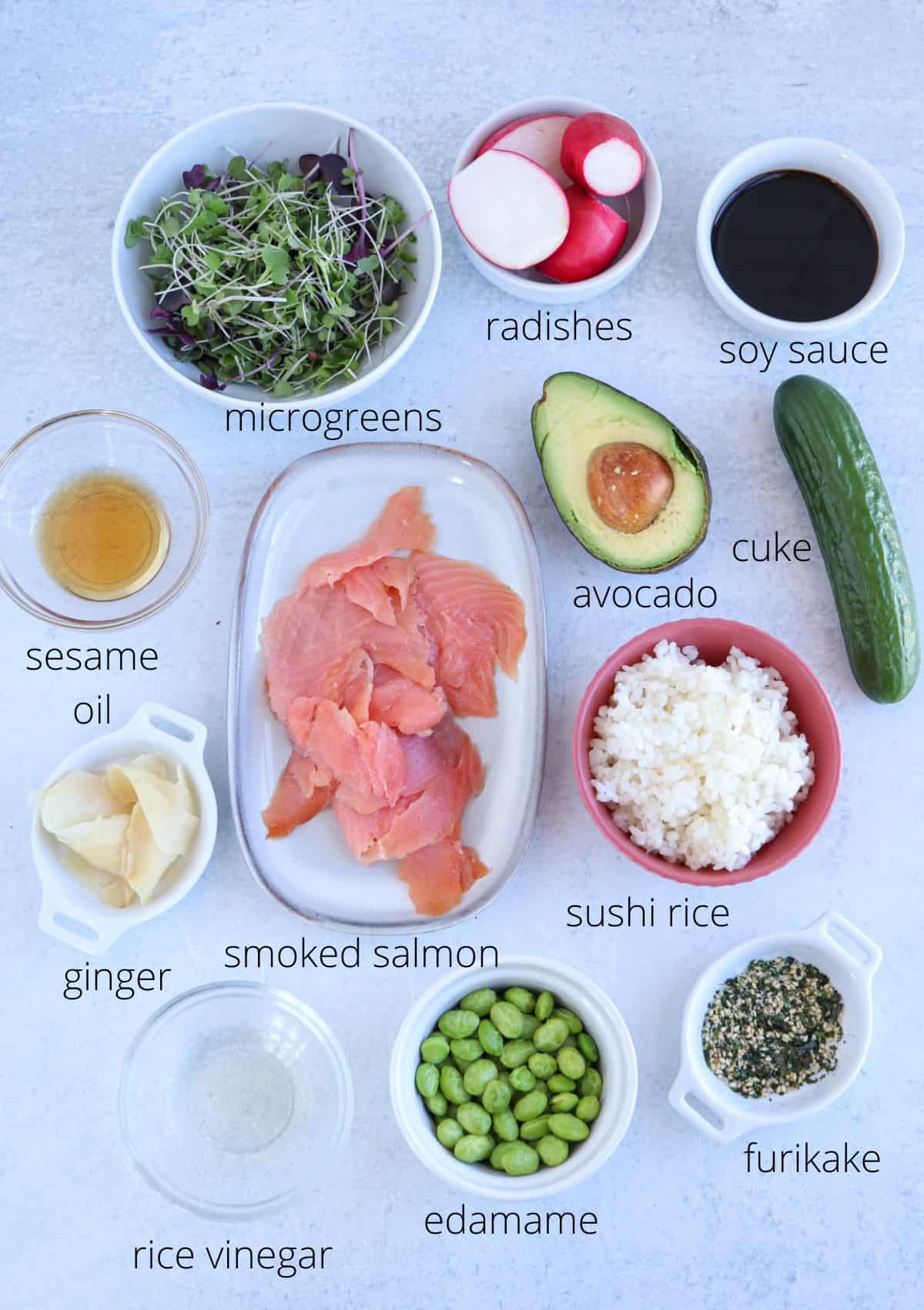 ingredients for making smoked salmon poke bowls with captions,
