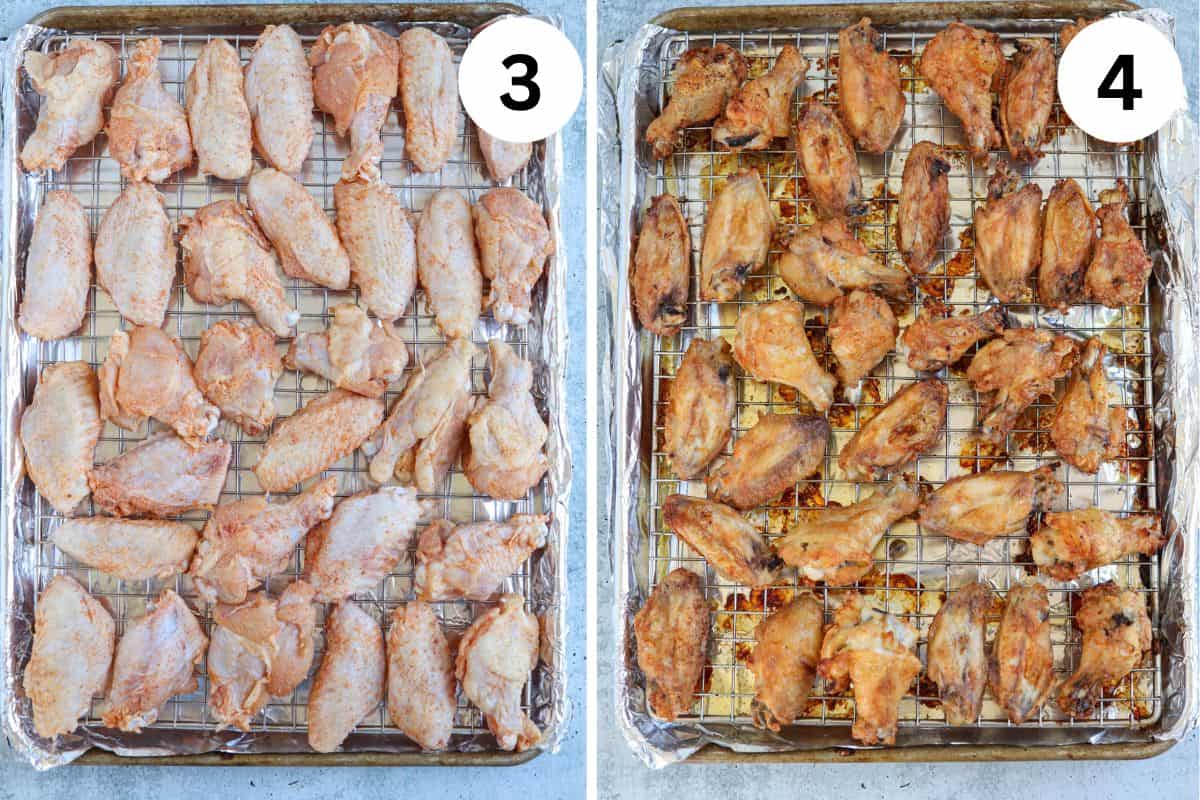 baking chicken wings on a baking tray in two steps.