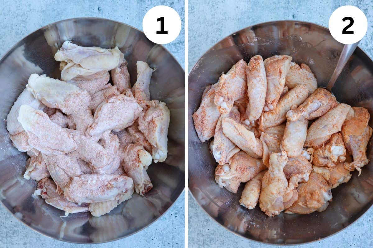 mixing chicken wings with seasonings in two steps.