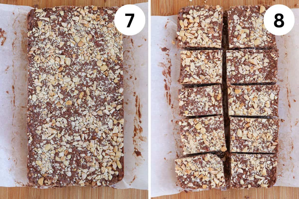 steps for making chocolate peanut butter protein bars.