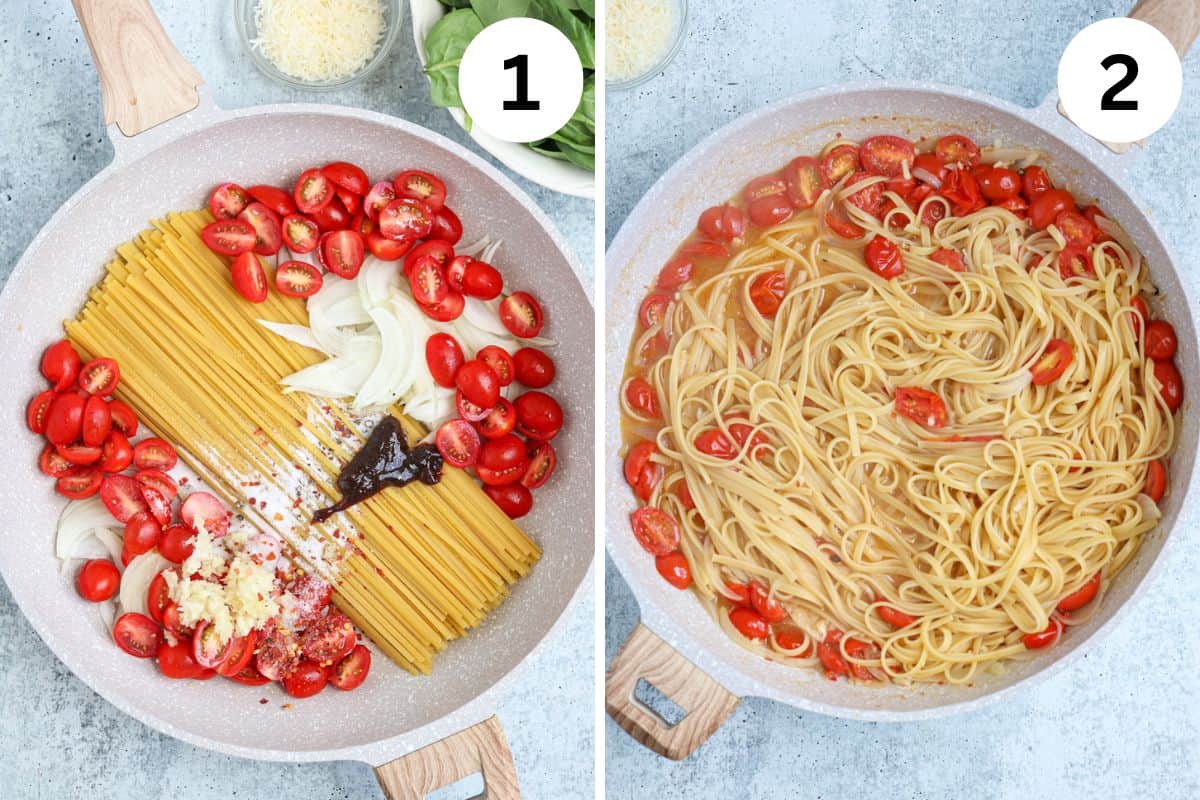 steps for making shrimp, spinach and tomato pasta.