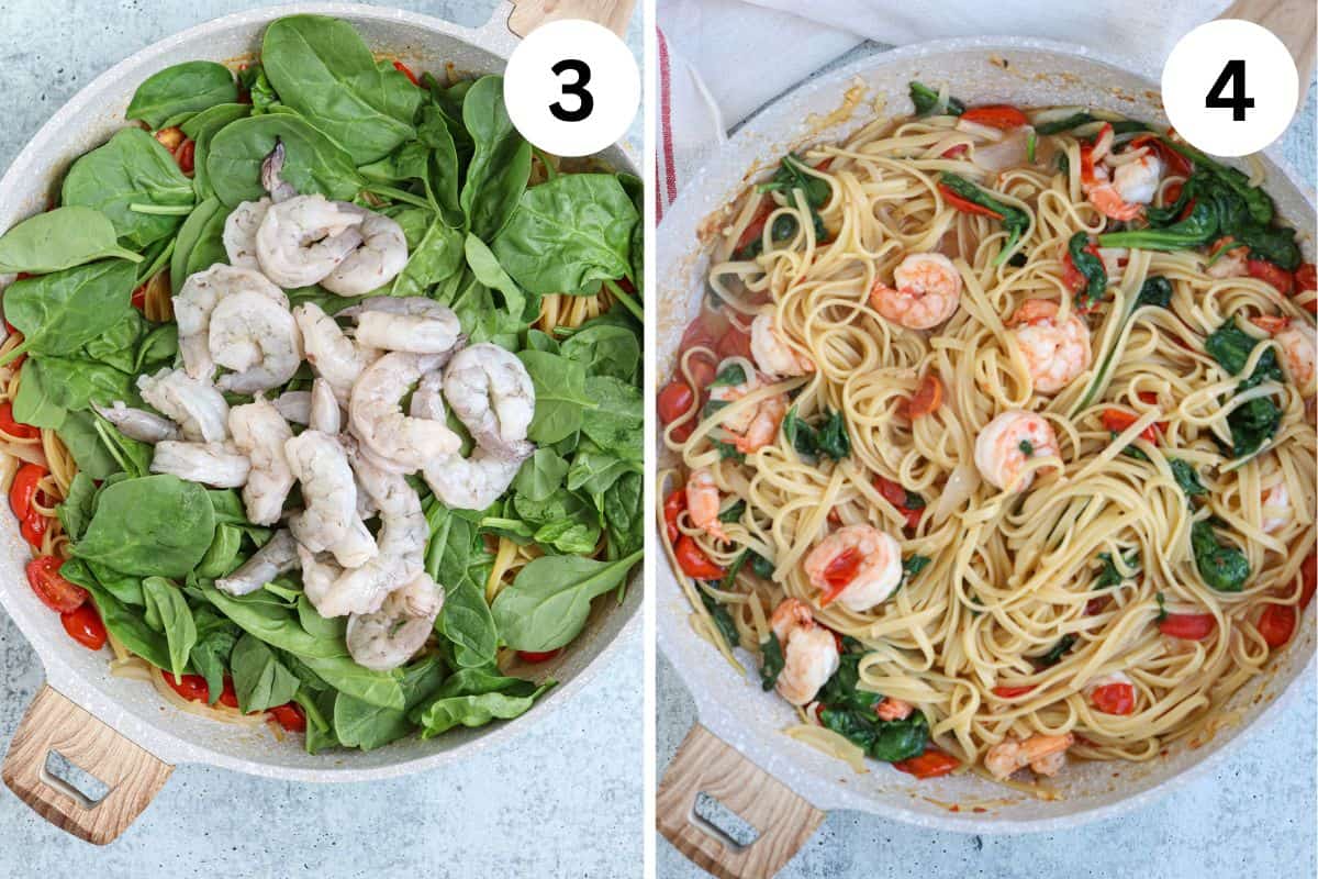 steps for making shrimp, spinach and tomato pasta.