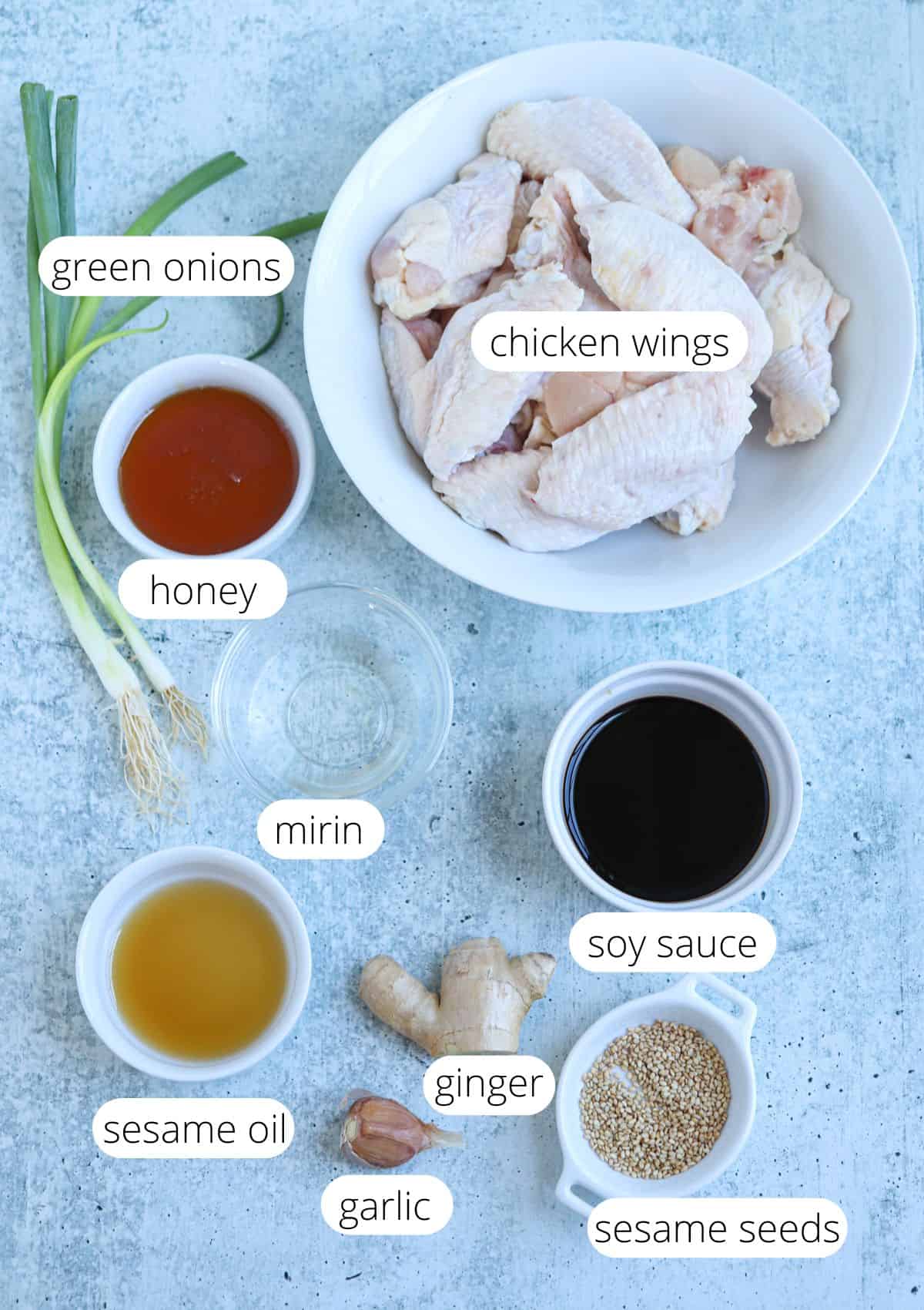 ingredients for making soy garlic chicken wings with captions.
