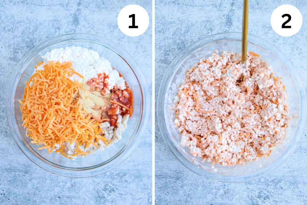 Two images side by side. Image 1 showcases a glass bowl filled with ingredients like shredded cheese, cottage cheese, tomato sauce, and spices. Image 2 displays the same bowl with these ingredients mixed together with a spoon. 