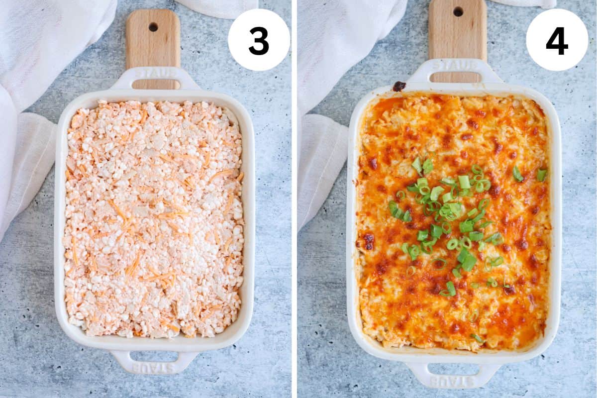 Two images of Buffalo chicken dip in a white baking dish. Image 3 displays an uncooked cheesy mixture, while image 4 reveals the baked dish with a golden-brown top, garnished with chopped green onions. 