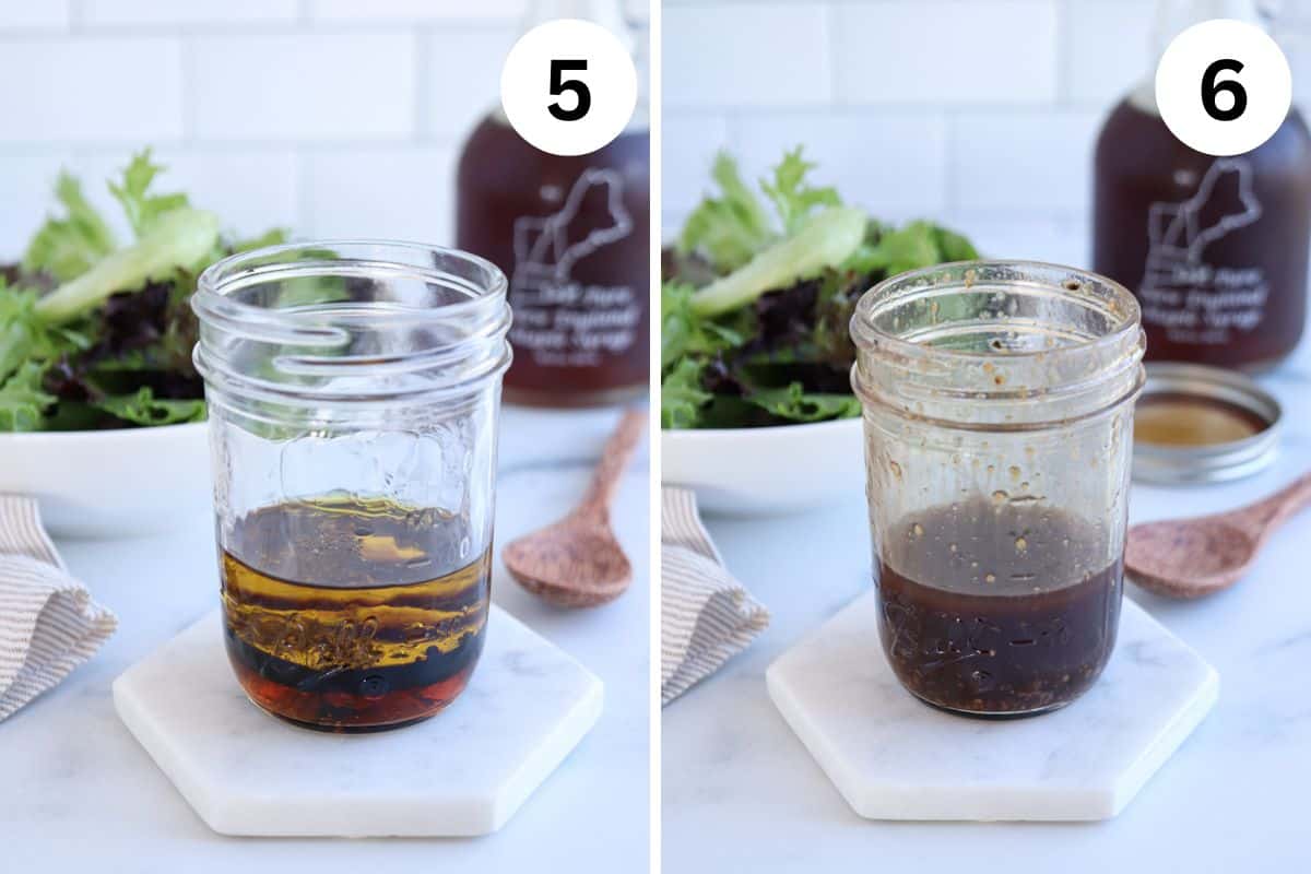Two images depict a mason jar on a marble coaster. The jar on the left holds a layered mix of oil and vinegar, while the right shows it blended. In the background, alongside a vibrant salad, is a wooden spoon. Numbers 5 and 6 are overlaid.