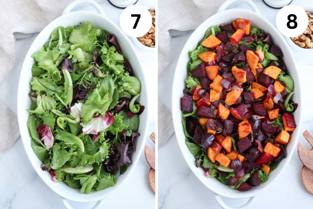 Split image showcasing two dishes. On the left, a mixed greens salad labeled 7. On the right, a roasted beets and sweet potatoes dish labeled 8. Both are presented in white oval bowls on a cloth-covered surface.