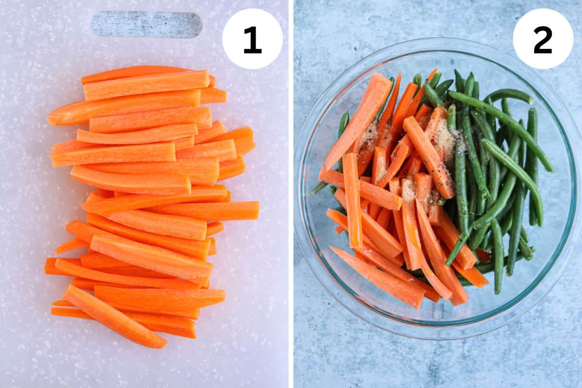 Image split in two: 1. Thinly sliced carrots on a cutting board. 2. Sliced carrots and green beans in a glass bowl with seasoning, ready to enhance any dish.
