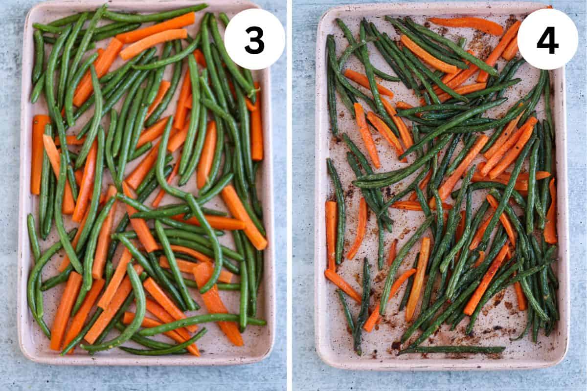 Two baking sheets displaying green beans and carrot sticks. The sheet on the left, numbered 3, shows them uncooked, while the one on the right, numbered 4, presents them perfectly roasted.