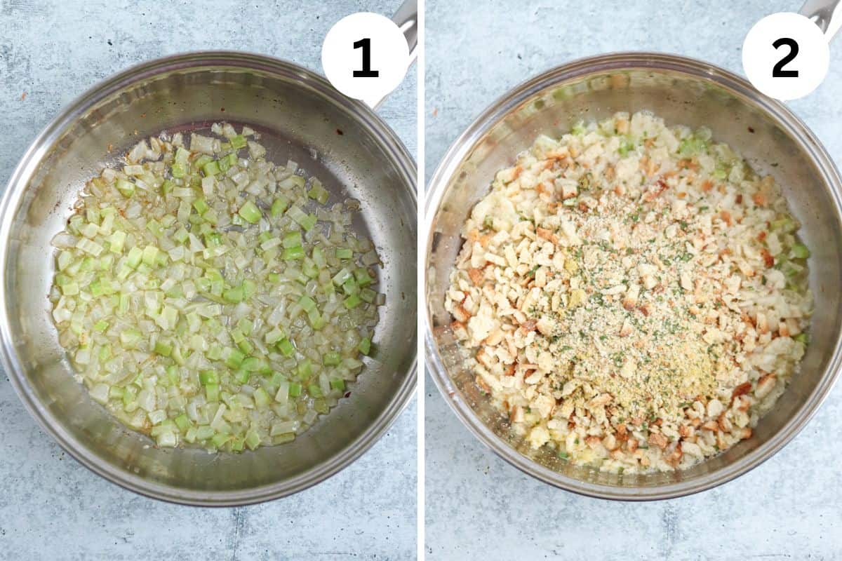 Two images side by side. Image 1 captures chopped onions and celery sautéing in a pan. Image 2 displays the same pan with breadcrumbs, herbs. The images are labeled 1 and 2 respectively.