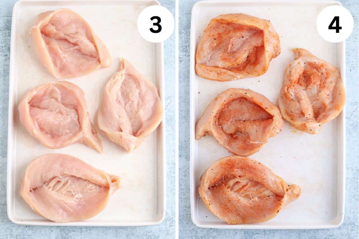 Two trays with chicken breasts: Left tray (labeled 3) shows four raw, unseasoned chicken breasts; right tray (labeled 4) displays four raw chicken breasts seasoned with spices. Both trays are on a light surface.