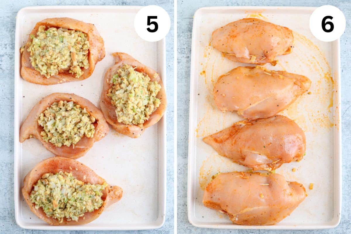 Two side-by-side images showcasing stuffed chicken breasts reminiscent of a classic falafel platter. The left image displays seasoned chicken breasts filled with stuffing, while the right image shows the stuffed breasts closed and ready for cooking. Each photo is labeled with a number.