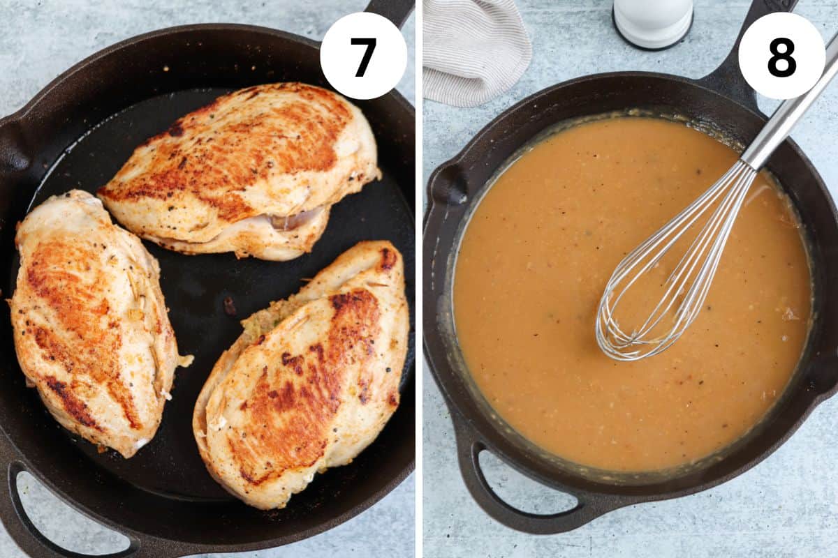 Left image: Three pieces of cooked chicken breast in a skillet. Right image: A rich brown sauce being whisked.