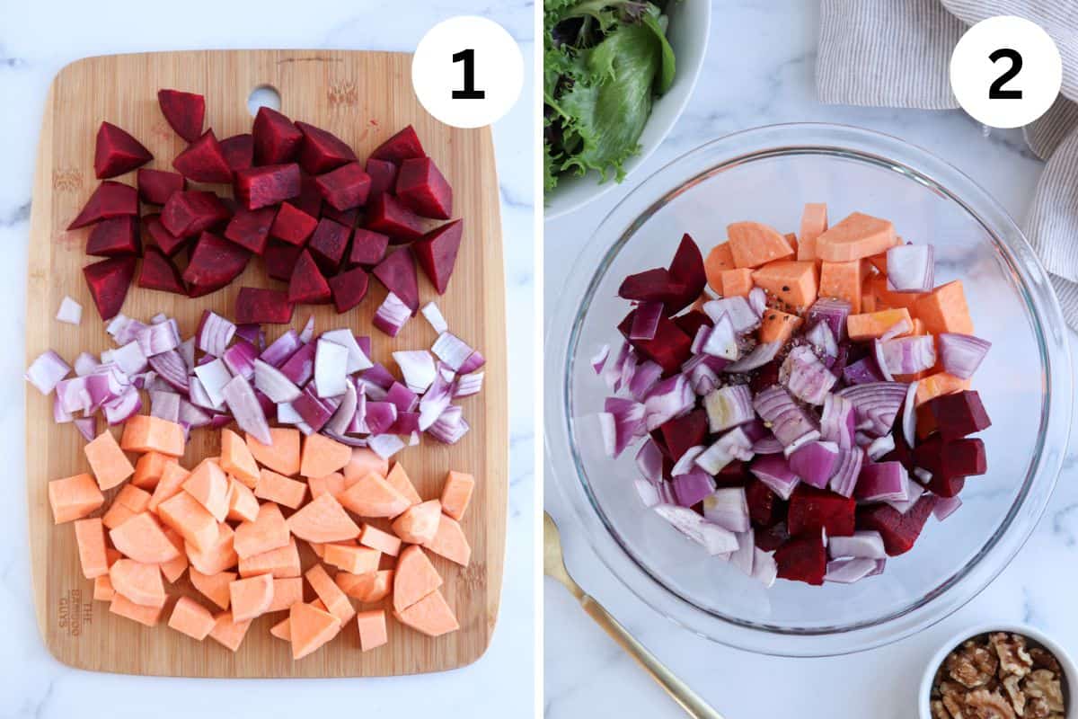 Image split into two sections. Left: diced beets, red onion, and sweet potatoes on a cutting board labeled 1. Right: the same vegetables mixed in a glass bowl labeled 2, surrounded by additional ingredients.