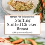 Sliced stuffed chicken breast on a plate, filled with savory stuffing, reminiscent of a falafel platter. Served with green beans and carrot slices, it’s a feast perfect for Thanksgiving.