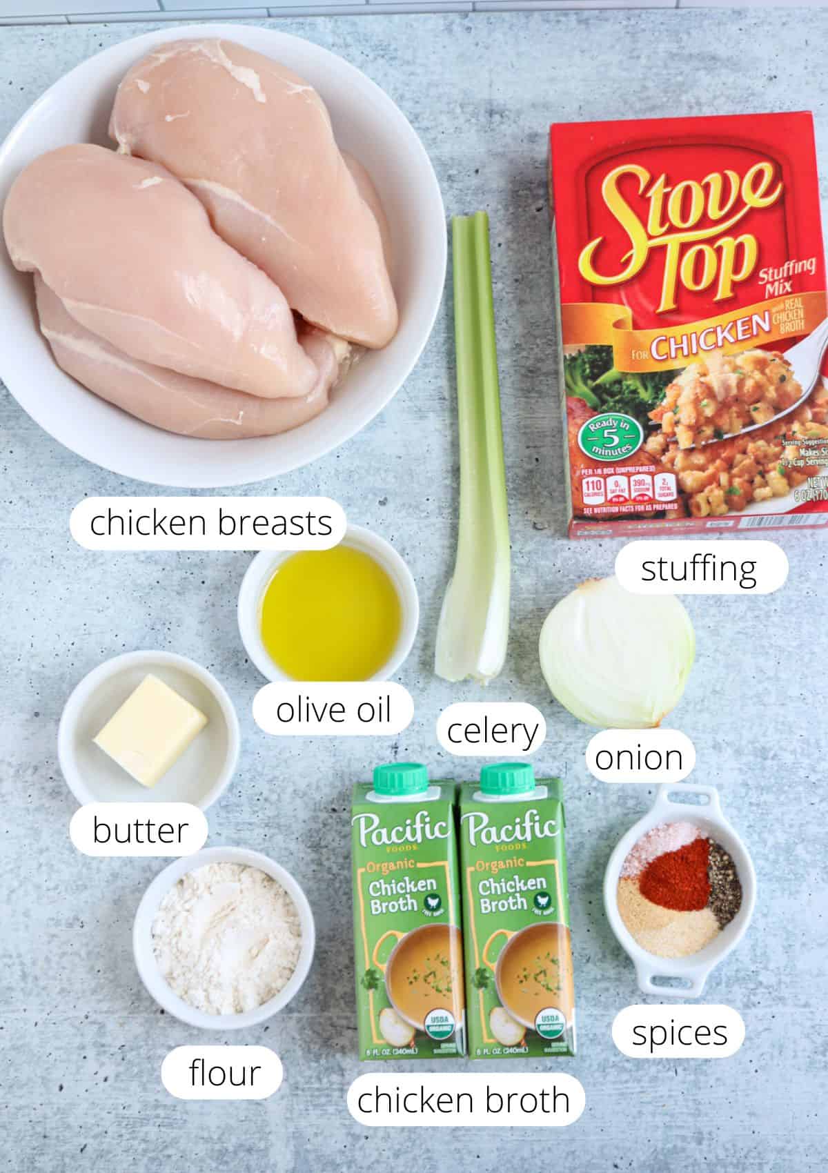 A flat lay of ingredients for a chicken dish: raw chicken breasts in a bowl, a box of stuffing mix, celery, onion, olive oil, butter, flour, two cartons of chicken broth, and spices in a small bowl—evoking the vibrant flavors of a falafel platter.