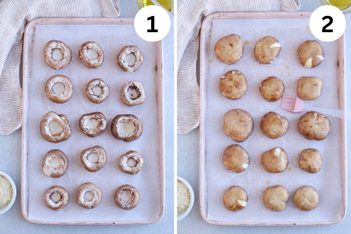 two images showing steps for making boursin stuffed mushrooms.