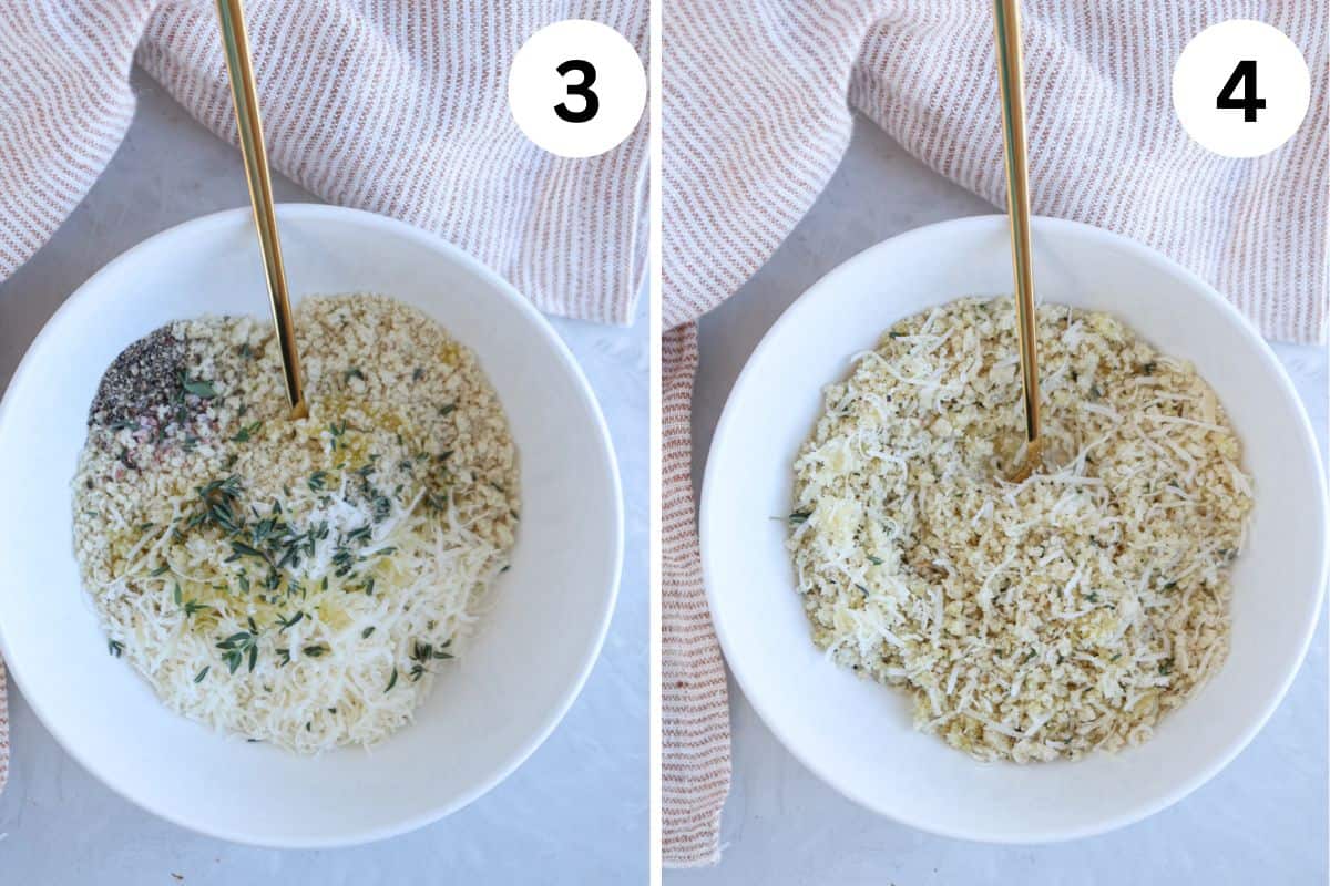 two images showing steps for making boursin stuffed mushrooms.