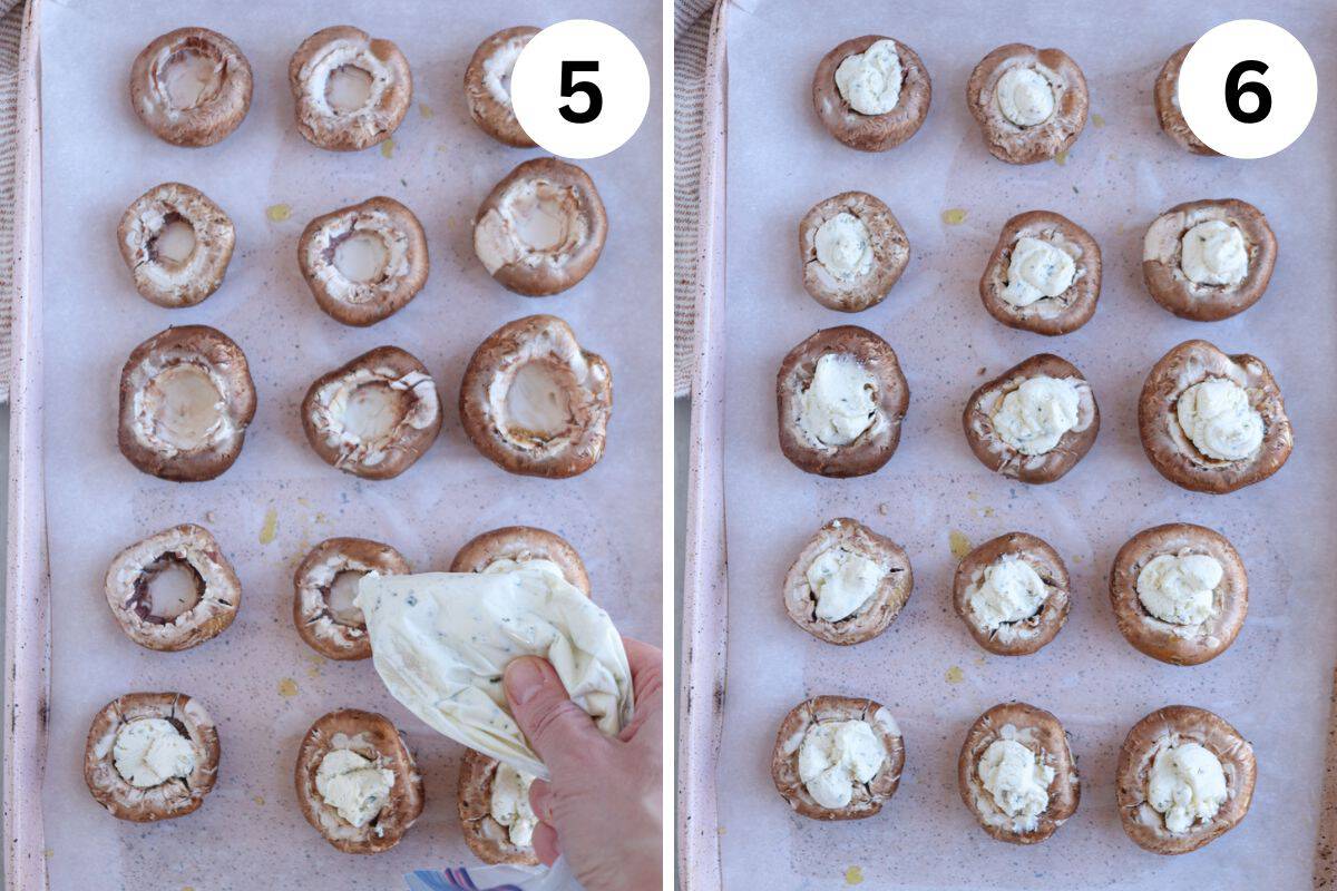 Two images of boursin stuffed mushrooms on a baking sheet. Left: Mushroom caps hollowed out. Right: Caps filled with a creamy boursin mixture. A hand is shown piping the filling in the left image.