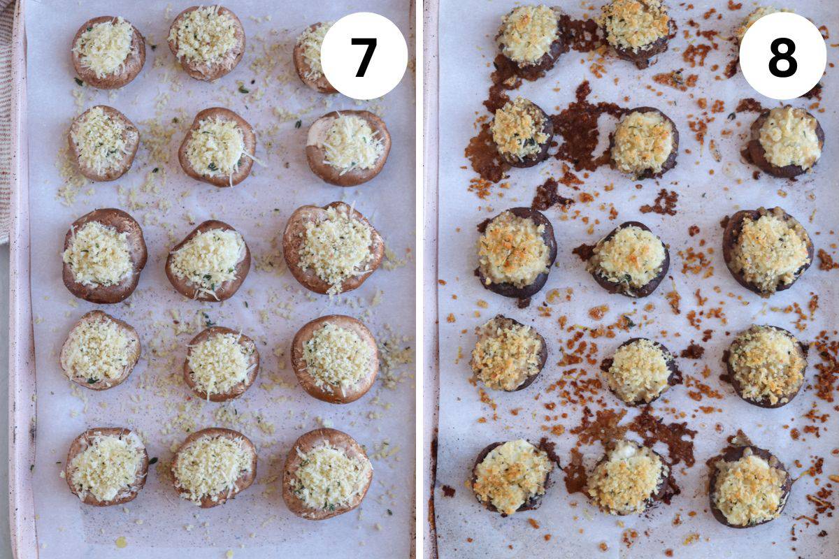 The image features two baking sheets with Boursin stuffed mushrooms. On the left, raw mushrooms are topped with breadcrumbs and cheese, labeled 7. On the right, the same mushrooms are baked until golden, labeled 8. Both rest on parchment paper.