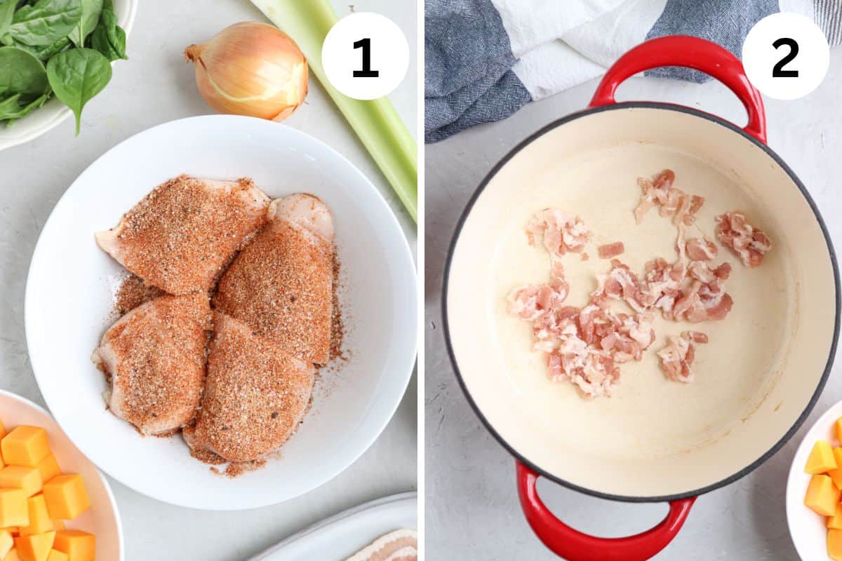 The left image displays seasoned chicken breasts in a white bowl, accompanied by spinach, onion, celery, and squash—perfect ingredients for a comforting chicken butternut squash soup. The right image showcases diced bacon sizzling in a large red pot on the stove.