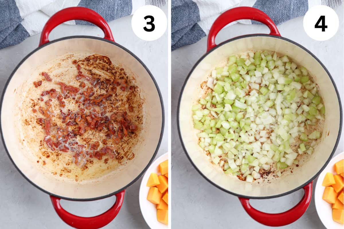 Left image: A red pot with cooked bacon pieces on the bottom, ready to infuse flavors. Right image: The same pot with chopped onions and celery added, laying the foundation for a hearty chicken butternut squash soup.