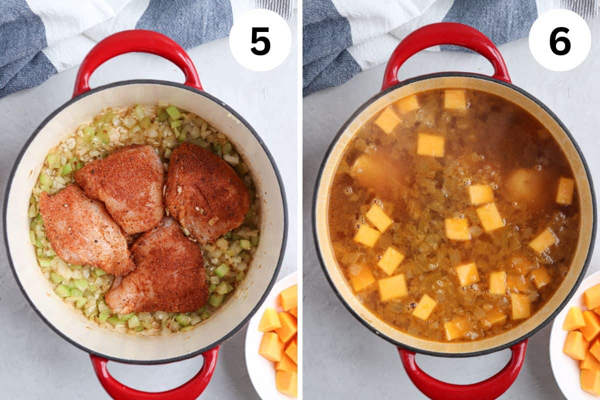 Side-by-side images depict a red pot with seasoned chicken, diced onions, and celery on the left. On the right, the same pot transforms into the heartwarming essence of chicken butternut squash soup, featuring simmering broth and perfectly tender squash cubes. Steps 5 and 6 are indicated above each image.