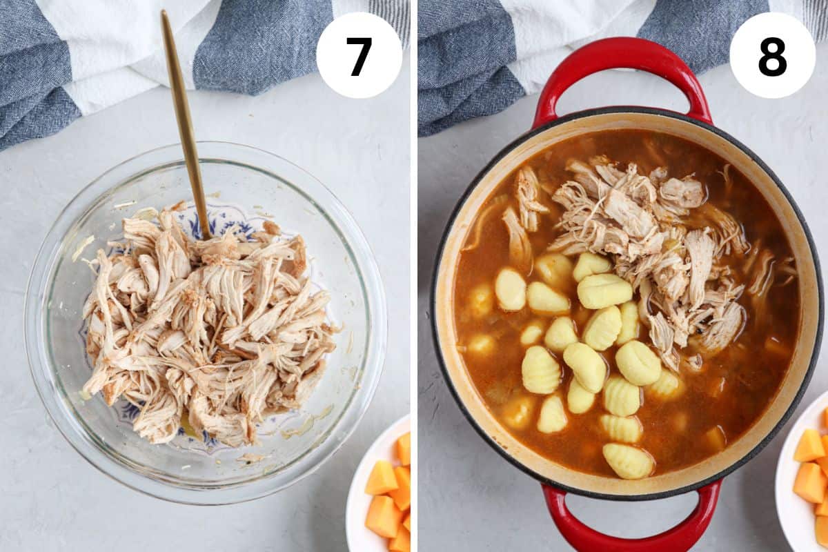 Left side shows shredded chicken in a bowl with a spoon. Right side depicts a red pot filled with chicken butternut squash soup, showcasing stew, shredded chicken, and gnocchi. Various ingredients and a blue cloth are visible around the setup. Steps numbered 7 and 8.