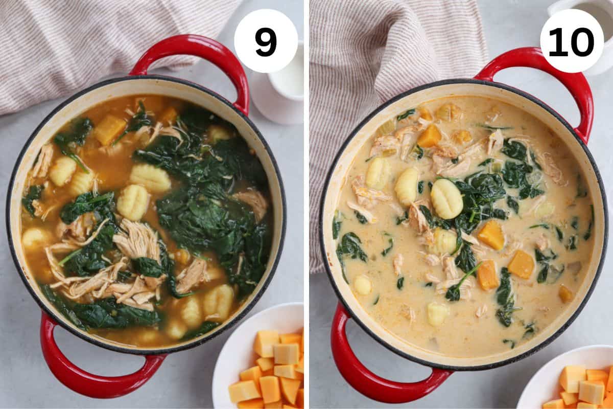 Two side-by-side images of red pots show delicious soups featuring gnocchi, shredded chicken, and spinach. The left is a broth-based chicken soup (labeled 9), while the right is a creamy delight with cubed vegetables, including butternut squash (labeled 10). A bowl of cubed veggies is nearby.