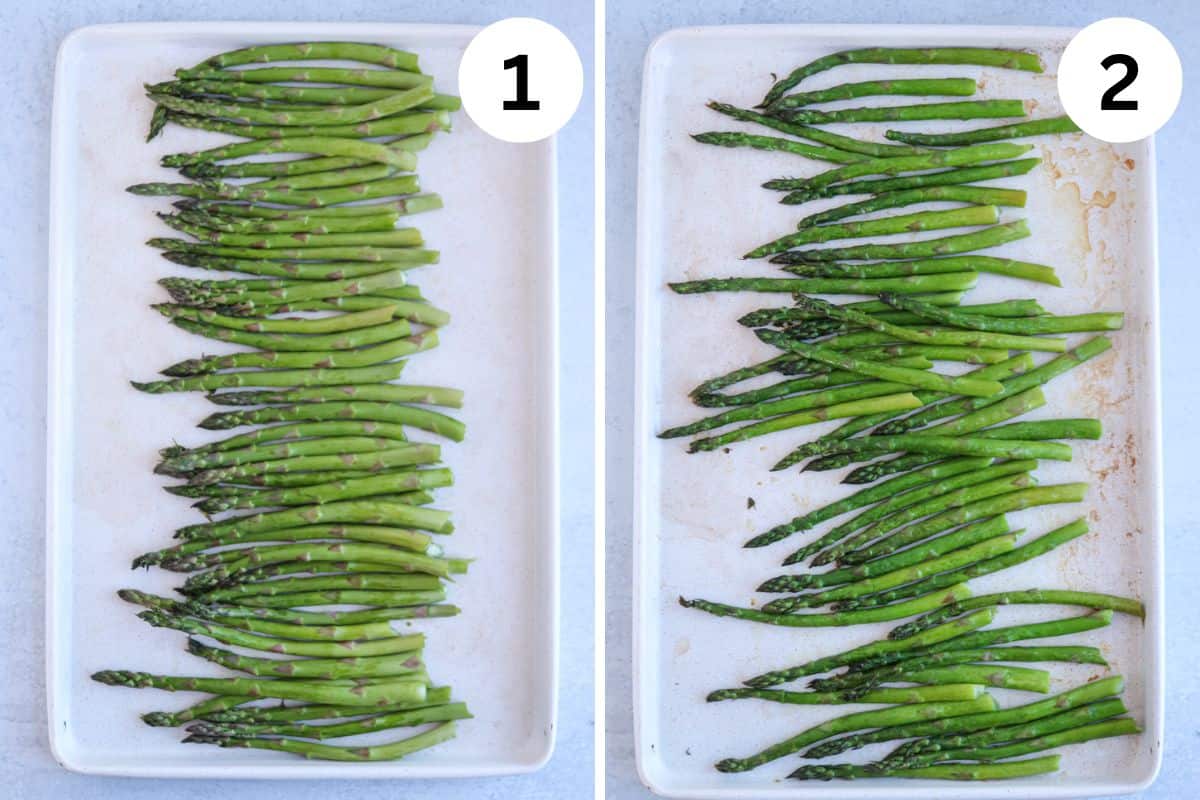 Two side-by-side images of asparagus on a baking sheet. Image 1 shows raw prosciutto-wrapped asparagus, while Image 2 displays the cooked version, slightly browned and glistening. Both are arranged in parallel rows on the sheets, showcasing their transformation.
