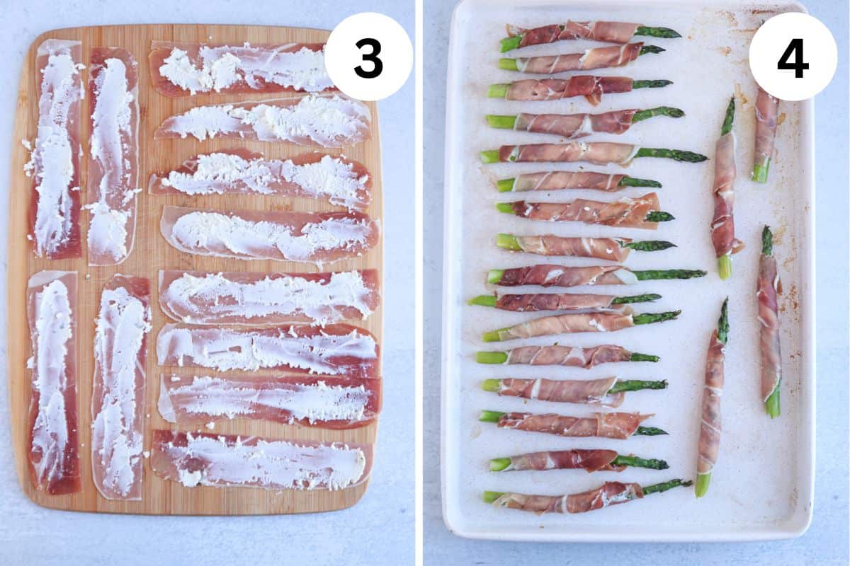 Image showing two steps of a recipe. Step 3: Slices of prosciutto with a cream spread on a wooden board. Step 4: Prosciutto-wrapped asparagus, arranged on a baking tray, ready to be cooked.