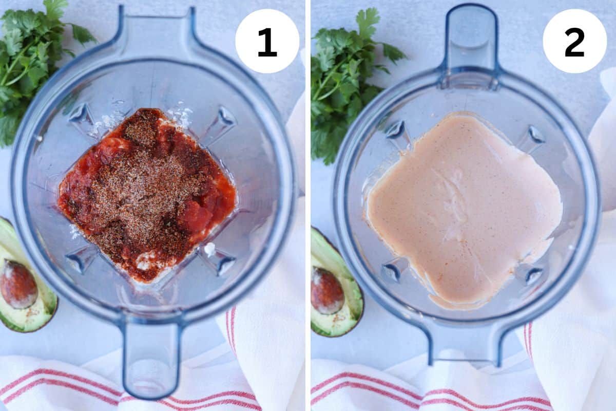 Image showing two stages of making a sauce in a blender: 1) Ingredients like tomatoes, spices, and cottage cheese taco dip are inside. 2) The contents are blended into a smooth, creamy pink sauce. Avocado and cilantro are on the side.