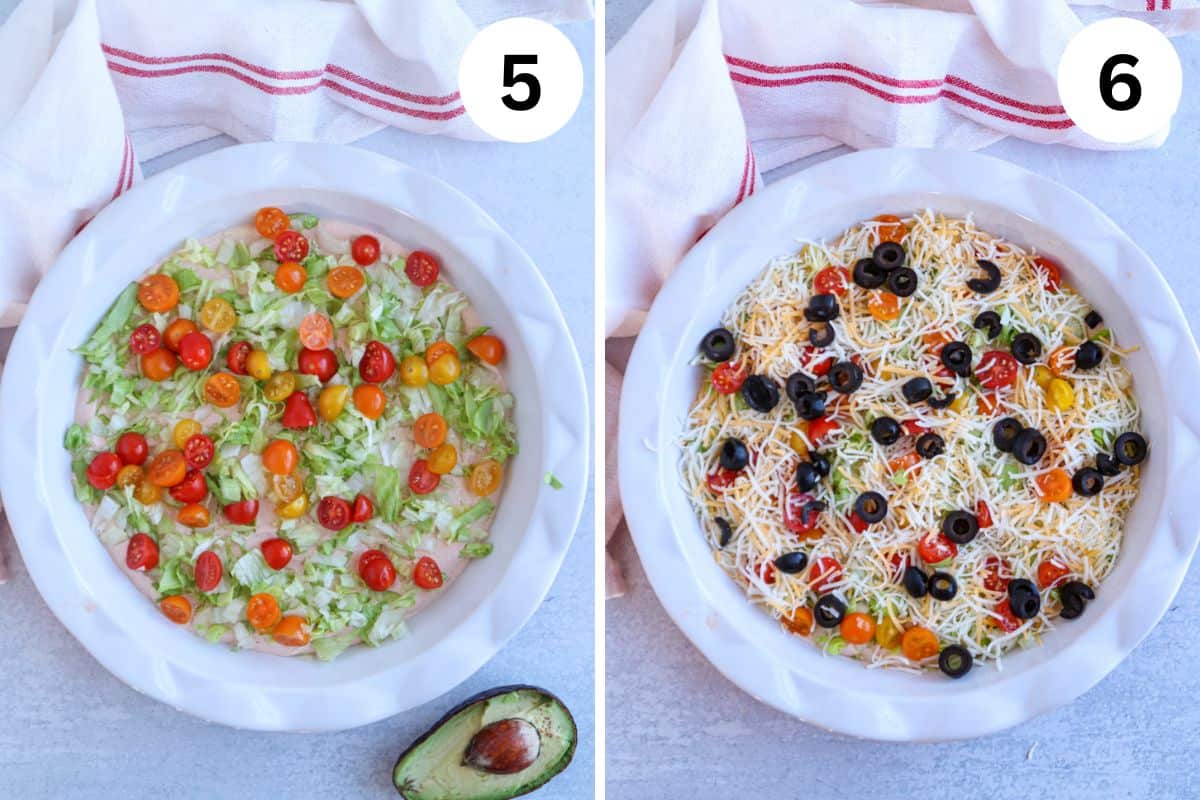 Two white dishes are shown. Image 5 features diced lettuce and cherry tomatoes, while Image 6 adds shredded cheese, sliced black olives, and layers of a creamy cottage cheese taco dip. An avocado is nearby on a light-colored surface.