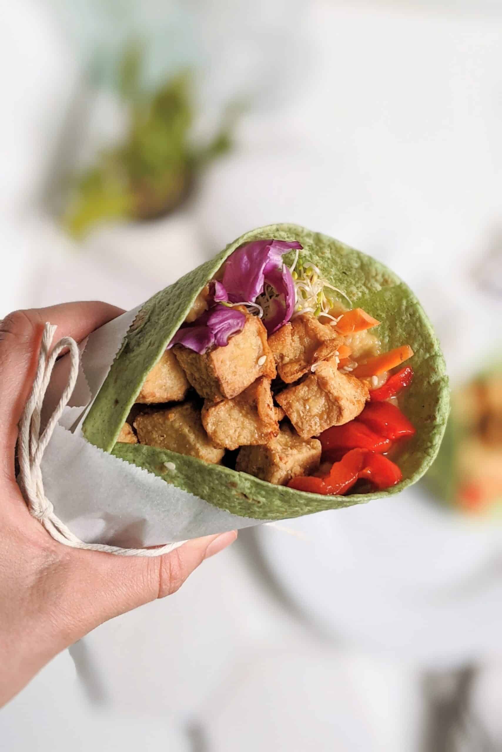 A hand holding a wrap filled with grilled chicken, red bell peppers, shredded cabbage, and sprouts. The wrap has a green tortilla, and it is partially wrapped in white paper, secured with a string. The background is softly blurred.