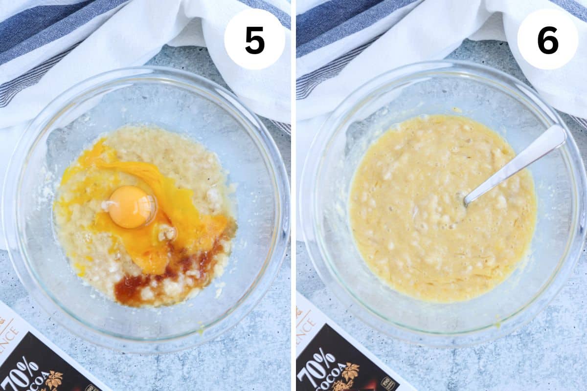 The left image reveals eggs, vanilla, and more before mixing, while the right showcases a seamless batter transformation. Both bowls rest elegantly on a light countertop with a towel nearby.