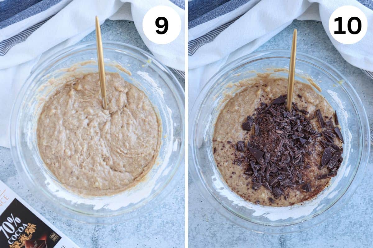 Two images side by side of a mixing bowl on a light surface. Left: Batter with a wooden stick inserted and a chocolate wrapper in the corner,  Batter with dark chocolate chunks added. A white cloth with a blue stripe is in the background.