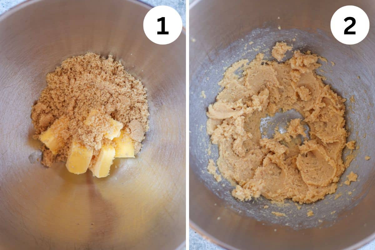 Two images display a metal mixing bowl. Image 1 contains brown sugar and butter chunks, similar to assembling a falafel platter. Image 2 shows the same bowl with creamed sugar and butter smoothly mixed. Both images have numbers in circles at the top.